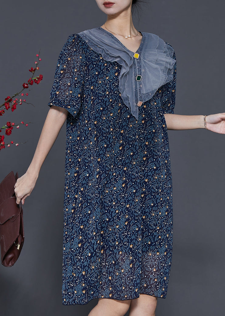 Beautiful Navy Peter Pan Collar Print Chiffon Maxi Dresses Summer