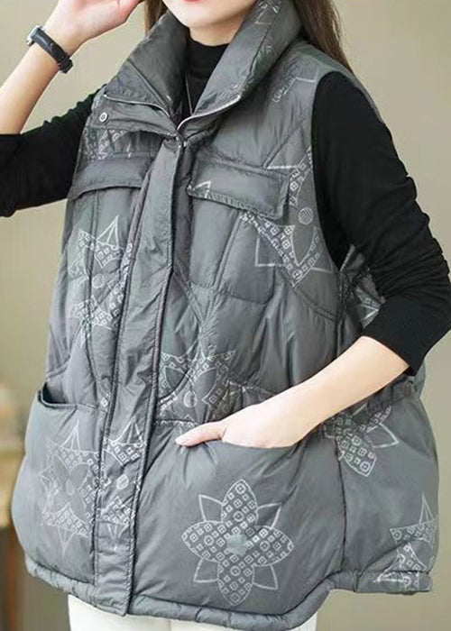 Beautiful Navy Print Zippered  Pockets Duck Down Waistcoat Winter