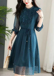 Beautiful Navy Ruffled Tie Waist Patchwork Chiffon Dress Summer