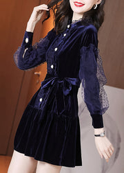 Beautiful Navy Ruffled Tie Waist Patchwork Velour Dresses Puff Sleeve