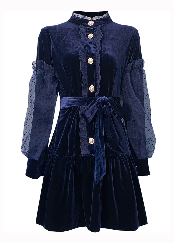 Beautiful Navy Ruffled Tie Waist Patchwork Velour Dresses Puff Sleeve