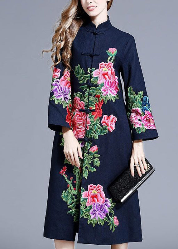 Beautiful Navy Stand Collar Embroideried Floral Button Coats Long Sleeve