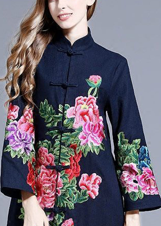 Beautiful Navy Stand Collar Embroideried Floral Button Coats Long Sleeve