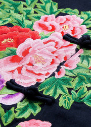 Beautiful Navy Stand Collar Embroideried Floral Button Coats Long Sleeve