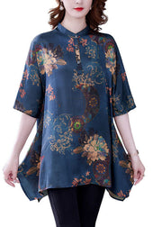 Beautiful Navy Stand Collar Print Silk Tops Half Sleeve