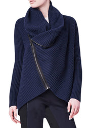 Beautiful Navy Turtle Neck Asymmetrical Zippered Knit Sweater Tops Winter