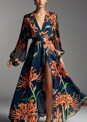 Beautiful Navy V Neck Print Chiffon Beach Dresses Fall