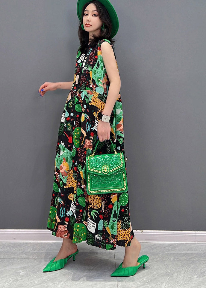 Beautiful O-Neck Print Button Pockets Long Dress Sleeveless