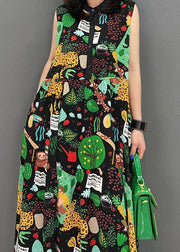 Beautiful O-Neck Print Button Pockets Long Dress Sleeveless