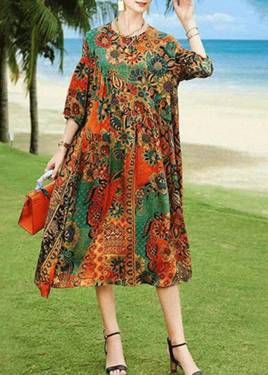 Beautiful O-Neck Print Silk Dress Long Sleeve