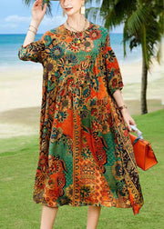 Beautiful O-Neck Print Silk Dress Long Sleeve