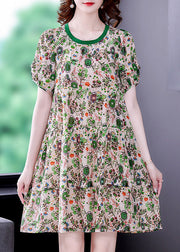 Beautiful O-Neck Print Wrinkled Chiffon Mid Dresses Short Sleeve