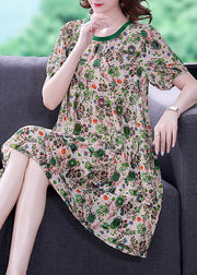 Beautiful O-Neck Print Wrinkled Chiffon Mid Dresses Short Sleeve