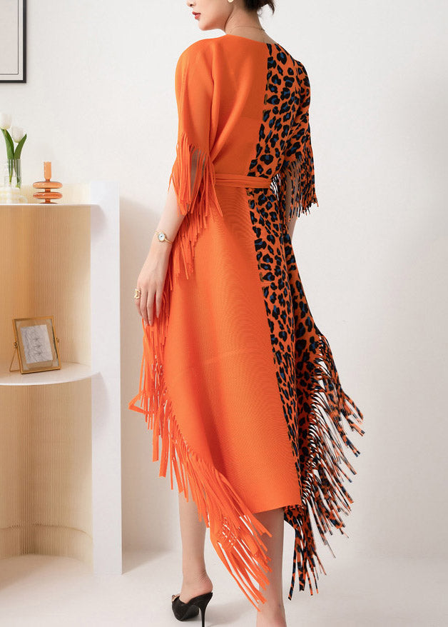 Beautiful Orange Asymmetrical Design Patchwork Tie Waist Tassel Long Dress Fall