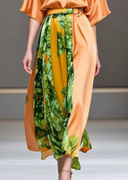 Beautiful Orange Cinched Patchwork Print Silk Long Dress Summer