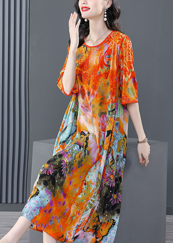 Beautiful Orange O-Neck Oversized Print Silk Dress Half Sleeve