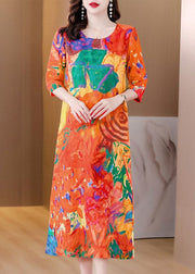 Beautiful Orange O Neck Print Patchwork Silk Dress Summer