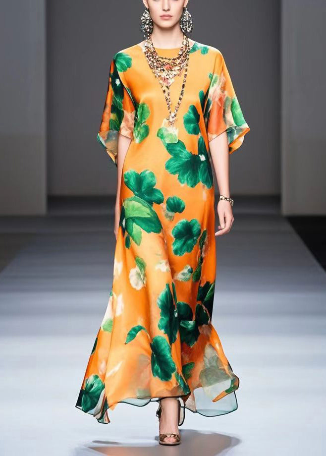 Beautiful Orange Oversized Print Silk Maxi Dress Summer