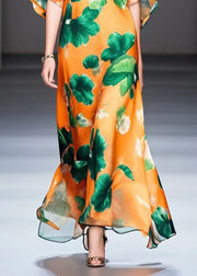 Beautiful Orange Oversized Print Silk Maxi Dress Summer