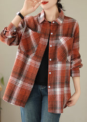 Beautiful Orange Peter Pan Collar Pockets Plaid Cotton Coat Fall