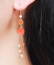 Beautiful Orange Silver Sterling Overgild Agate Pearl Tassel Drop Earrings