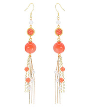 Beautiful Orange Silver Sterling Overgild Agate Pearl Tassel Drop Earrings