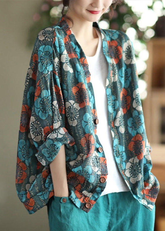 Beautiful Orange V Neck Button Print Cotton Cardigans Spring