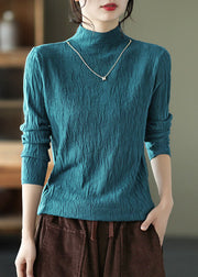 Beautiful Peacock Blue High Neck Solid Wrinkled Cotton Tops Fall