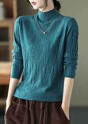 Beautiful Peacock Blue High Neck Solid Wrinkled Cotton Tops Fall