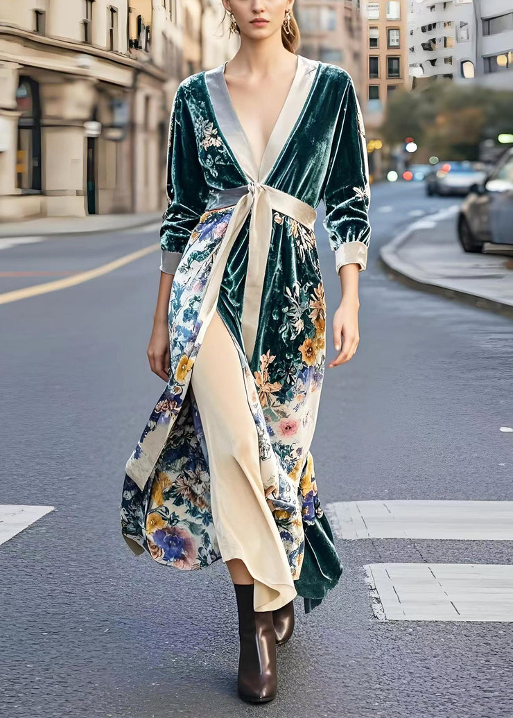 Beautiful Peacock Green Cinched Print Side Open Silk Velvet Dresses Spring