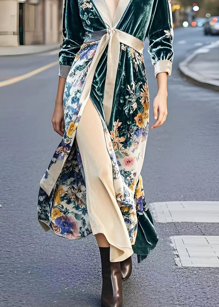 Beautiful Peacock Green Cinched Print Side Open Silk Velvet Dresses Spring