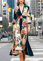 Beautiful Peacock Green Cinched Print Silk Velvet Dress Spring