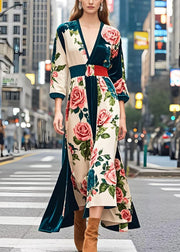 Beautiful Peacock Green Cinched Print Silk Velvet Dress Spring