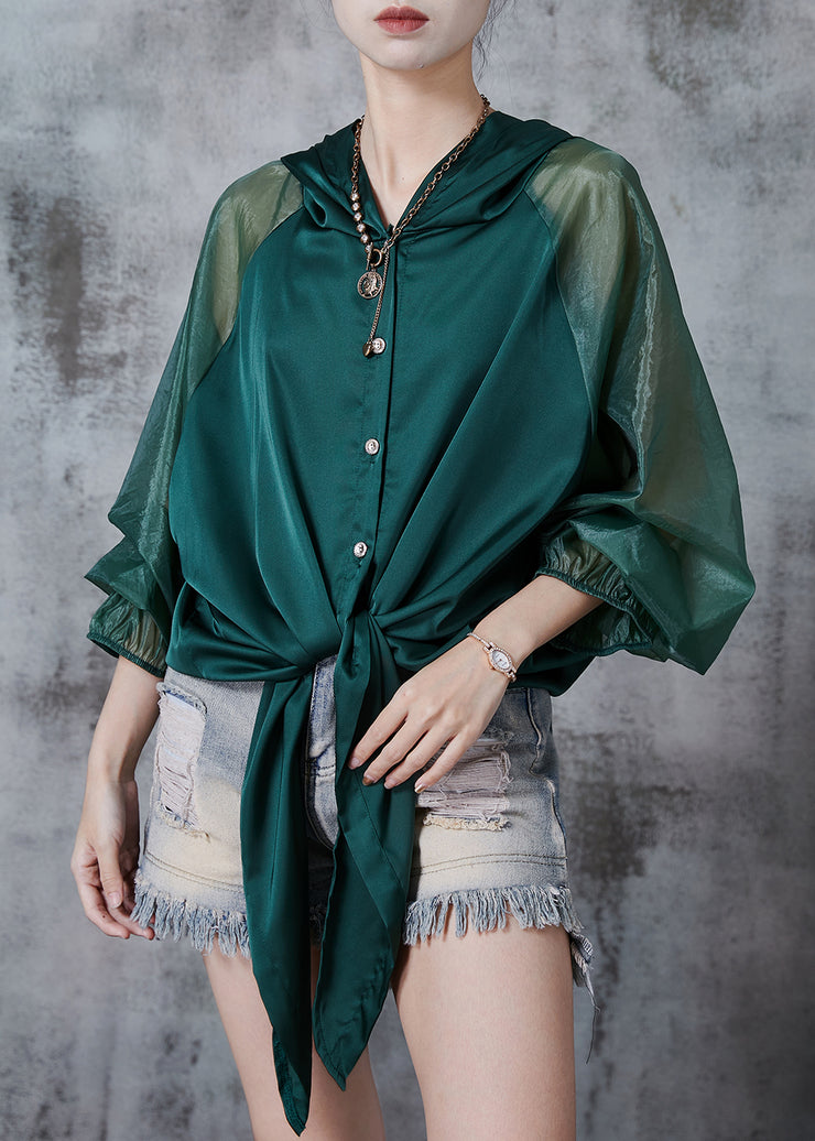 Beautiful Peacock Green Hooded Patchwork Silk Blouse Tops Fall