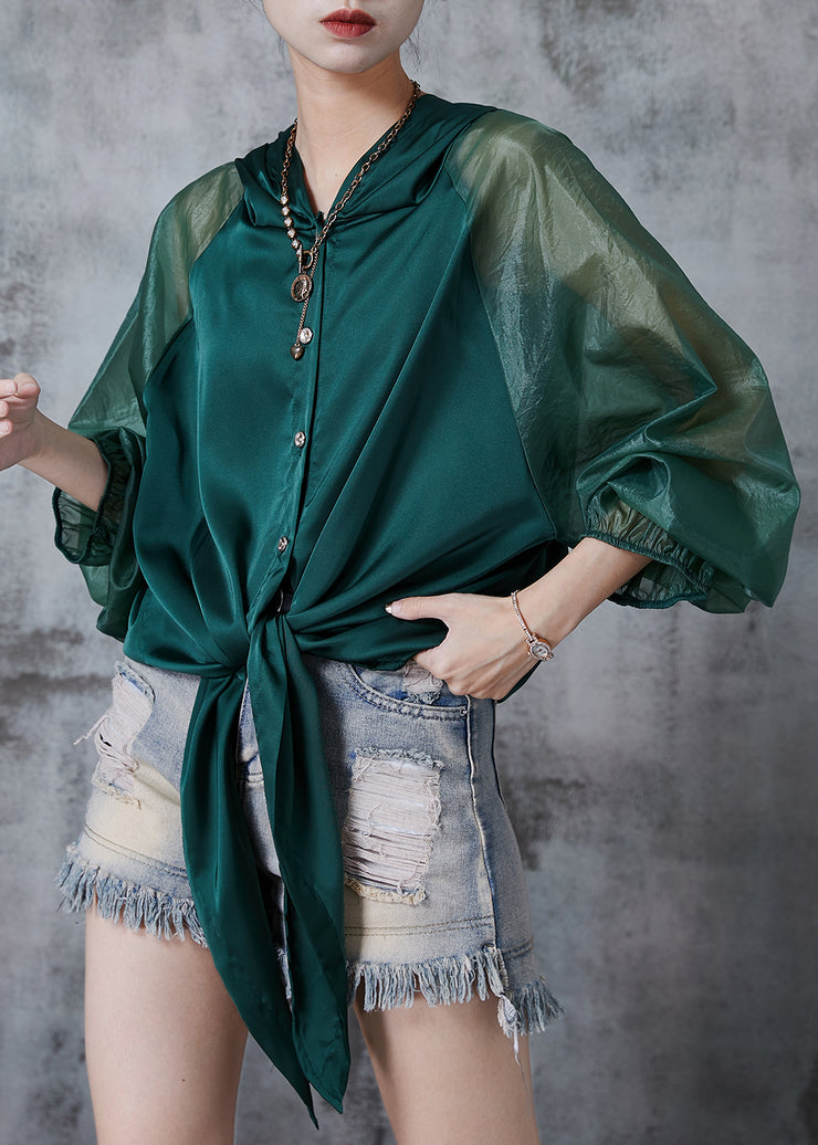 Beautiful Peacock Green Hooded Patchwork Silk Blouse Tops Fall