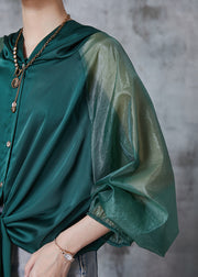 Beautiful Peacock Green Hooded Patchwork Silk Blouse Tops Fall