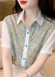 Beautiful Peter Pan Collar Print Button Chiffon Shirt Short Sleeve