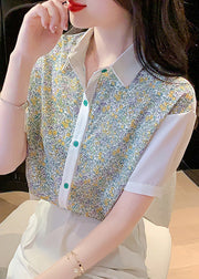 Beautiful Peter Pan Collar Print Button Chiffon Shirt Short Sleeve