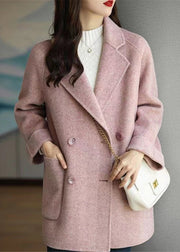 Beautiful Pink Double Breast Pockets Patchwork Woolen Coats Winter