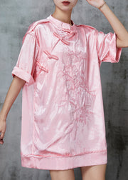 Beautiful Pink Embroidered Chinese Button Silk Mini Dress Spring