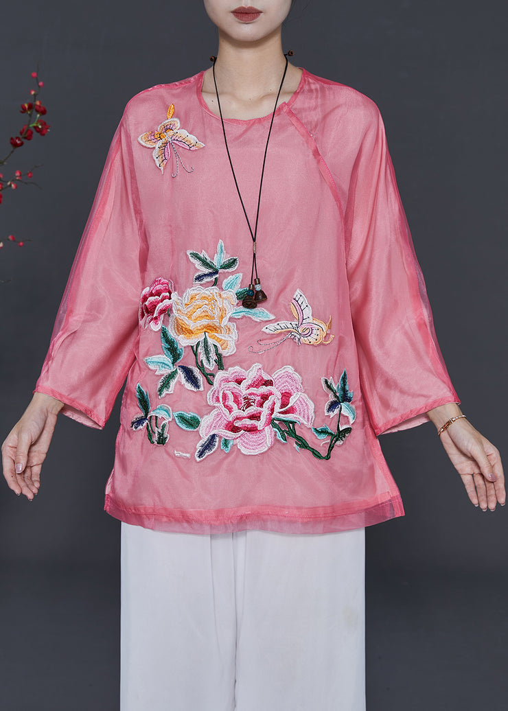 Beautiful Pink Embroidered Floral Organza Blouses Summer