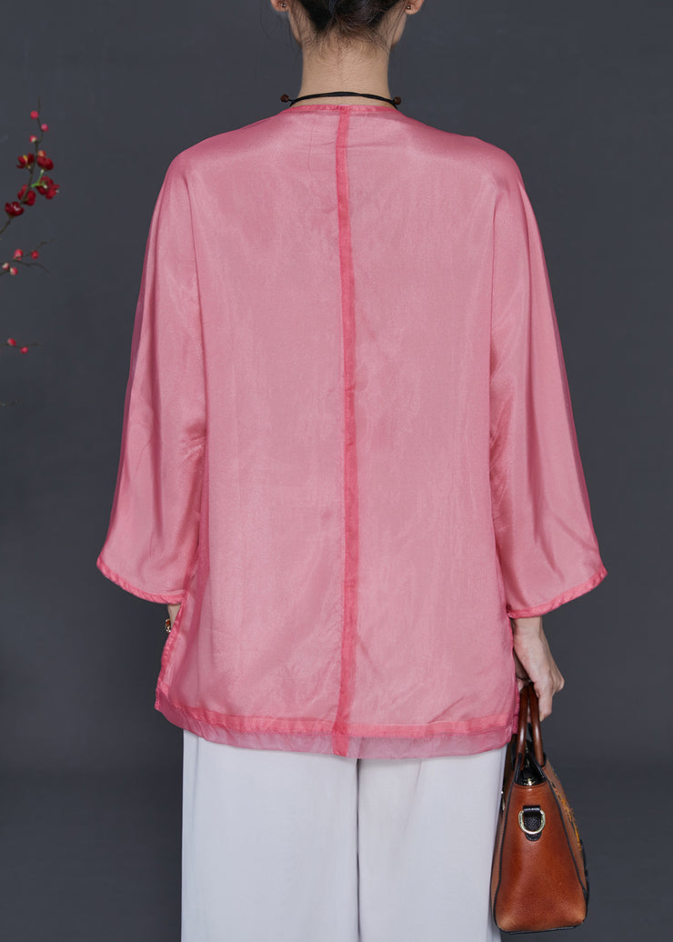 Beautiful Pink Embroidered Floral Organza Blouses Summer