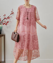 Beautiful Pink Embroidered Tulle Ankle Dress Summer