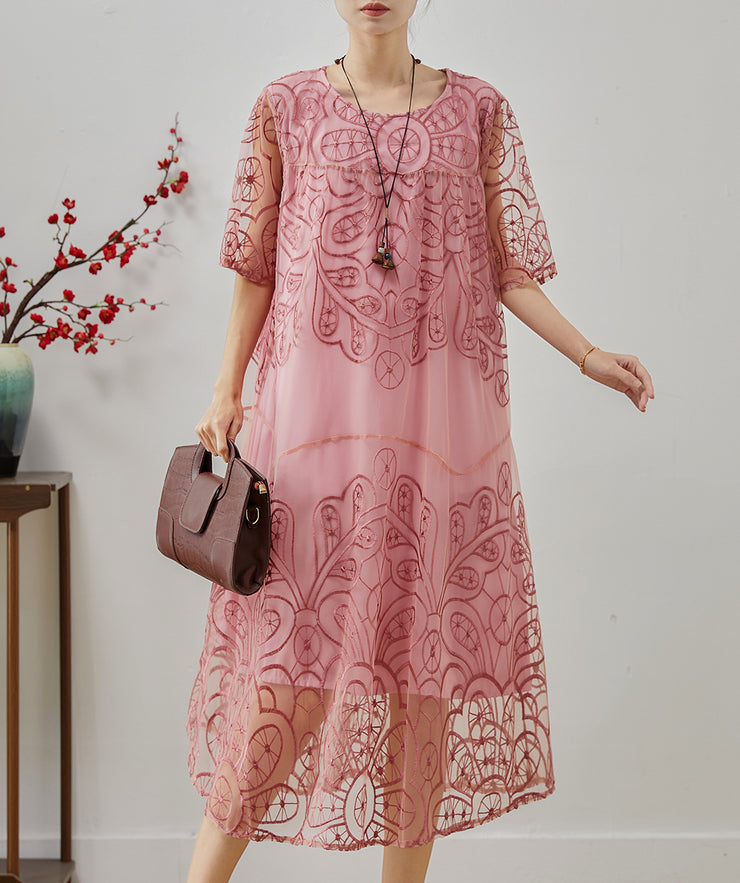 Beautiful Pink Embroidered Tulle Ankle Dress Summer