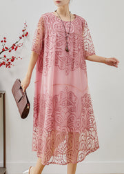 Beautiful Pink Embroidered Tulle Ankle Dress Summer