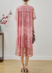 Beautiful Pink Embroidered Tulle Ankle Dress Summer