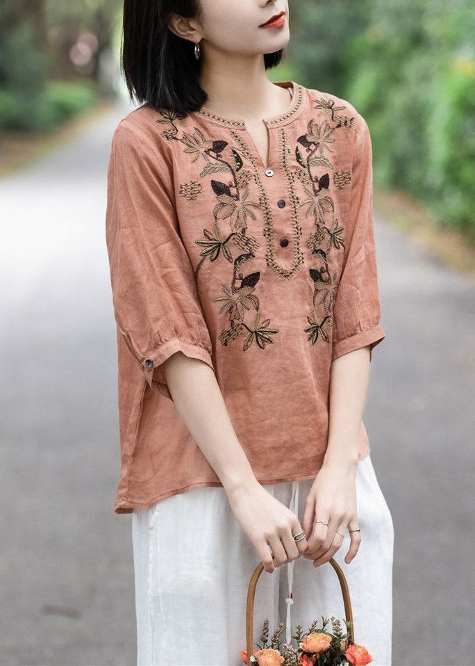 Beautiful Pink Embroideried Button Cotton T Shirt Summer