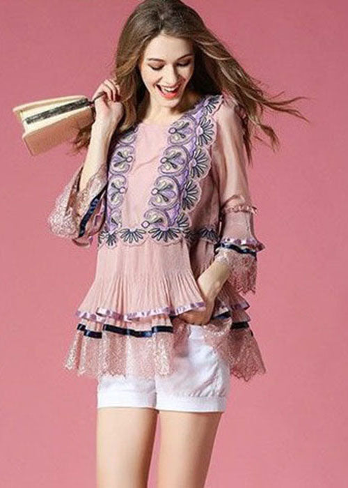 Beautiful Pink Embroideried Lace Patchwork Silk Top Bracelet Sleeve