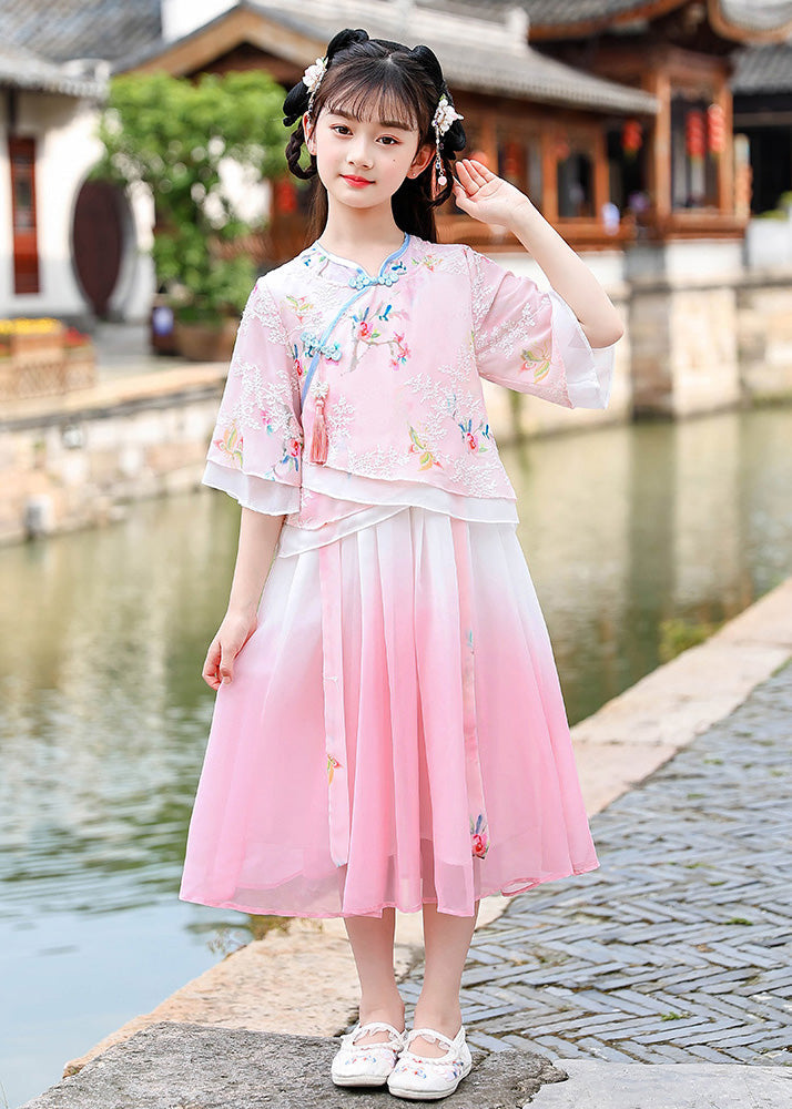 Beautiful Pink Embroideried Patchwork Button Chiffon Kids Long Dresses Half Sleeve