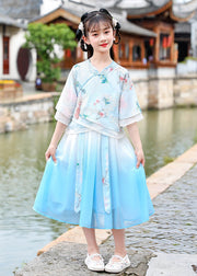 Beautiful Pink Embroideried Patchwork Button Chiffon Kids Long Dresses Half Sleeve